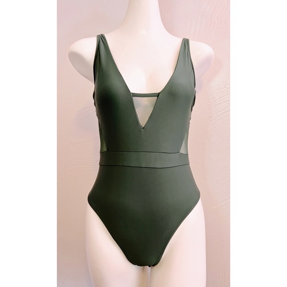 EUC Tinibikini Women’s Olive Green One Piece Swimsuit Mesh Panels Medium 1 Flaw - Picture 10 of 11